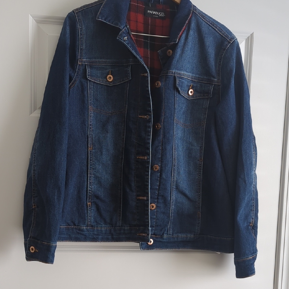 Parasuco Dark Blue Denim Jacket with Red Plaid Interior P2P 22 L25